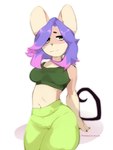 anthro clothed clothing female fur green_eyes hair looking_at_viewer midriff multicolored_body multicolored_fur multicolored_hair navel purple_hair smile solo two_tone_body two_tone_fur two_tone_hair minuwa taffyda_cellosa mammal mouse murid murine rodent 3:4 hi_res