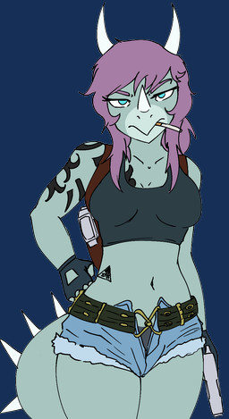 3_horns 5_fingers anthro arm_tattoo belt black_clothing black_crop_top black_gloves black_handwear black_shirt black_topwear blue_eyes bottomwear breasts cigarette cigarette_in_mouth clothing cosplay crop_top denim denim_bottomwear denim_clothing denim_shorts eyelashes facial_horn female fingerless_gloves fingers front_view gloves grey_body grey_scales gun hair handgun handwear holding_gun holding_handgun holding_object holding_pistol holding_ranged_weapon holding_weapon holster horn long_hair long_tail looking_at_viewer midriff multi_horn navel nose_horn object_in_mouth panties panty_shot pistol purple_hair ranged_weapon scales shirt shorts simple_background solo spiked_tail spikes spikes_(anatomy) tail tattoo topwear transparent_background underwear weapon jacket_ignites third-party_edit black_lagoon goodbye_volcano_high ko_op_(game_developer) reeve_(gvh) revy_(black_lagoon) aquilops ceratopsian dinosaur marginocephalian ornithischian prehistoric_species reptile scalie 2024 alpha_channel color_edit colored digital_drawing_(artwork) digital_media_(artwork) hi_res