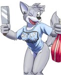 anthro big_breasts bitalie bone breasts butcher_knife butt canid canine canis clothing countershading facial_markings female food grey_body head_markings head_tuft hi_res holding_object housepets! invalid_tag knife lucretia_(housepets!) mammal markings mask_(marking) meat one_eye_closed pose shirt simple_background smile smiling_at_viewer solo thick_thighs topwear tuft white_background wink wolf