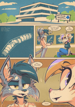 anthro clothed clothing dialogue duo female hospital male piercing simple_background tail text x-ray_view ratcha skye_(ratcha) felid feline lynx mammal mouse murid murine rodent comic digital_media_(artwork) english_text hi_res multiple_scenes