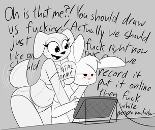 anthro anthro_on_anthro big_breasts black_eyes black_nose bottomwear breast_squish breasts clothing denim denim_bottomwear denim_clothing denim_shorts dialogue drawing_tablet duo electronics eye_bags female grey_background hair hotpants huge_breasts interspecies leaning leaning_forward looking_at_another looking_down male male/female open_mouth profanity rental_mommy_shirt shirt shorts simple_background sitting smile squish standing stylus t-shirt tail tail_motion tailwag text text_on_clothing text_on_shirt text_on_topwear tired topwear under_boob mr_rottson animal_crossing meme_clothing nintendo rental_mommy maddie_(animal_crossing) rotto_(mrrottson) canid canine canis domestic_dog hare lagomorph leporid mammal 2021 english_text greyscale hi_res meme monochrome