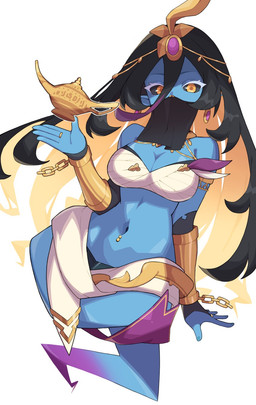 armwear black_armwear black_bridal_gauntlets black_clothing black_facewear black_hair black_sclera blonde_hair blue_body blue_skin breasts bridal_gauntlets broken_chain chain clothing ear_piercing ear_ring eyelashes face_veil female flowing_hair forehead_gem gem gloves hair handwear jewelry lamp long_hair looking_at_viewer mask medium_breasts navel navel_piercing piercing purple_gem ring ring_piercing simple_background small_waist solo white_background white_eyelashes wide_hipped_female wide_hipped_humanoid yellow_eyes venomdancer genie humanoid hi_res
