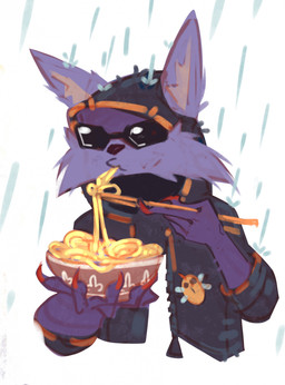 anthro bowl chopsticks claws clothing container eating eyewear female food fur holding_object jacket noodles purple_body purple_fur raining red_claws simple_background solo sunglasses topwear valeronich felid mammal digital_media_(artwork) hi_res