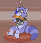 3_fingers 3_toes anthro clothing collar eating eating_food feet fingers food grey_clothing heart_symbol male pizza purple_body purple_nose red_eyes shirt sitting solo spiked_collar spikes star toes topwear yellow_sclera blueballs mammal procyonid raccoon 2021 digital_media_(artwork)