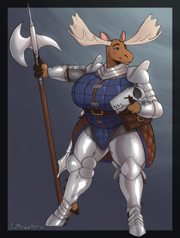anthro antlers armor big_breasts breasts brown_body brown_eyes brown_fur clothed clothing female female_anthro front_view fur glistening glistening_eyes halberd headgear helmet holding_armor holding_halberd holding_headgear holding_helmet holding_melee_weapon holding_object holding_polearm holding_weapon horn huge_breasts melee_weapon mouth_closed polearm simple_background solo standing thick_thighs weapon wide_hips jezzlen gerry_(mcdoogiy) deer mammal moose new_world_deer full-length_portrait hi_res portrait signature