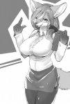 anthro big_breasts bottomwear breasts clipboard clothing eyewear female glasses hair holding_clipboard holding_object huge_breasts kemono legwear long_hair looking_at_viewer miniskirt open_mouth skirt smile solo stockings teacher yoona canid canine canis domestic_dog mammal monochrome