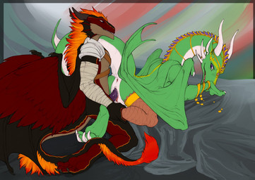 anthro bedding bodily_fluids claws duo female from_behind_position genital_fluids genitals horn jewelry kneeling lying male male/female on_front penetration penis raised_tail sex smile tail vaginal vaginal_penetration wings neverneverland shiaz mythology dragon mythological_creature mythological_scalie scalie