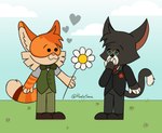 anthro black_body black_fur black_hair black_tail clothed clothing duo flower fur hair heart_symbol love male male/male orange_body orange_fur orange_hair orange_skin orange_tail petals plant simple_background simple_coloring simple_eyes simple_face simple_nose tail radiosonic94 lackadaisy calvin_mcmurray mordecai_heller domestic_cat felid feline felis humanoid mammal