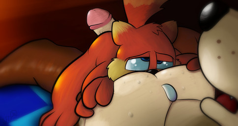 anthro aroused black_nose blue_eyes bodily_fluids brown_body brown_fur butt duo erection fur genitals jewelry lying male male/male motorboating motorboating_pecs necklace nude on_back on_front on_top on_top_of_another on_top_of_belly open_mouth orange_body orange_fur pec_grab pecs penile penis simple_background size_difference sniffing sweat tail squirrelfromthesouth banjo-kazooie conker's_bad_fur_day rareware banjo_(banjo-kazooie) conker bear mammal rodent sciurid tree_squirrel ursidae ursine 2026 digital_media_(artwork) hi_res