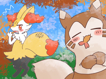 ambiguous_anthro ambiguous_feral ambiguous_gender anthro biped blush detailed_background dipstick_tail duo eating eating_food feral food front_view looking_at_another looking_back looking_back_at_another markings open_mouth outside rear_view shocked shrimp_(food) standing tail tail_markings annyui0611 nintendo pokemon braixen canid furret generation_2_pokemon generation_6_pokemon mammal pokemon_(species) 2022 digital_drawing_(artwork) digital_media_(artwork) hi_res japanese_description translated_description
