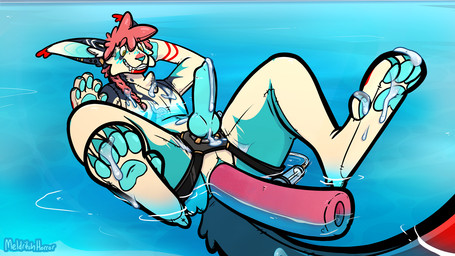 4_toes 5_fingers anal anal_penetration animal_genitalia animal_penis anthro blue_body blue_pawpads blush blush_lines bodily_fluids butt cum cum_on_self cum_tube digitigrade dreadlocks feet fingers genital_fluids genitals hair long_ears long_tail male pawpads penetration penis pool pool_toy red_body red_hair solo spread_butt spreading tail tan_body toes water meldritchhorror tsuki_(vernid) vernid 16:9 2021 digital_media_(artwork) hi_res watermark widescreen