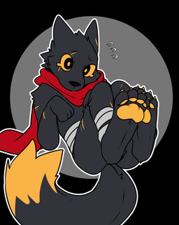 anthro bandage digitigrade lying male on_back pawpads scarf simple_background solo saku1saya casualties:_unknown expie_(gunsawian) gunsawian absurd_res hi_res