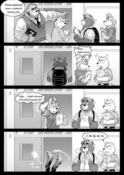 adolescent anthro backpack blush bodily_fluids clothed clothing cum cum_in_mouth cum_inside dialogue eyewear fur genital_fluids glasses group hat headgear headwear humor male male/male musclegut muscular muscular_anthro muscular_male open_mouth school speech_bubble text topwear trio wearing_glasses young young_anthro young_male kumahachi bear canid canine canis domestic_dog mammal wolf comic english_text hi_res monochrome translated