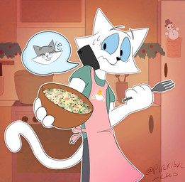 4_fingers anthro appliance apron black_nose blue_eyes bodily_fluids bottomwear cat_tail christmas_decorations clothed clothed_anthro clothed_male clothing cutlery daisy_(flower) decoration detailed_background dialogue dish duo egg electronics eyewear female fingers flower food fork fridge fur glasses green_clothing green_shirt green_topwear grey_body grey_bottomwear grey_clothing grey_fur grey_pants head_only holding_food holding_object holding_phone holidays kitchen kitchen_appliance kitchen_knife kitchen_utensils knife list looking_at_another male male_anthro markings mature_male nervous nervous_look nervous_sweat old_artwork pants paper phone phone_call pink_apron pink_clothing plant plate salad shirt simple_coloring simple_eyes skinny_male snowman solo speech_bubble standing sweat tail tools toony topwear wearing_glasses white_body white_fur white_markings pinkish-cat christmas new_year new_year_2024 maria_smith_(pinkish-cat) seraphim_smith_(pinkish-cat) domestic_cat felid feline felis mammal 2024 colored hi_res warm_colors