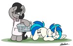 apron apron_only black_hair blue_hair clothing crawling female feral grey_body hair horn quadruped sneaking white_body bobthedalek friendship_is_magic hasbro my_little_pony mythology octamum_(oc) vinyl_scratch_(mlp) equid equine mammal mythological_creature mythological_equine unicorn hi_res