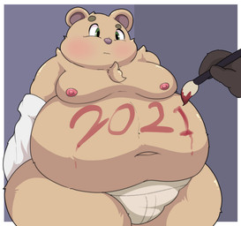anthro belly blush body_writing brown_body brown_fur clothing duo fur kemono male moobs navel nipples obese obese_male overweight overweight_male solo_focus underwear writing_on_belly year kusosensei inigo_(kusosensei) bear mammal 2020 hi_res