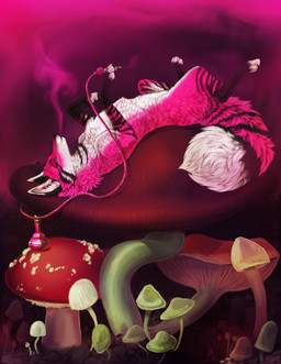 ambiguous_gender black_nose drugs feral fluffy fluffy_tail fungus fur green_eyes hookah mushroom pink_body pink_fur pointy_ears prick_ears psychedelic smoke solo stripes tail teasing unknown_artist canid canine fox mammal hi_res pink_theme source_request