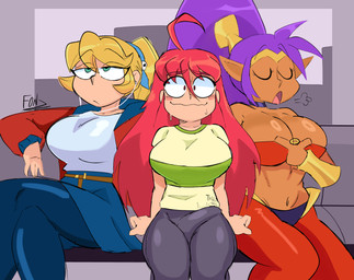 big_breasts blonde_hair bottomwear breasts bulge cleavage clothed clothing crossed_legs detailed_bulge earbuds electronics erection erection_under_clothing eyebrow_through_hair eyebrows eyelashes female flustered genital_outline green_eyes group gynomorph hair headphones humanoid_pointy_ears intersex jacket long_hair navel open_mouth oversized_bottomwear oversized_clothing oversized_pants pants penis_outline pink_tongue pointy_ears ponytail pupils purple_hair red_eyebrows red_hair shirt sitting skirt smile tongue topwear translucent translucent_hair trio tube_top unimpressed wavy_mouth wavy_smile fonz_(artist) brace_yourself_games celeste_(game) crypt_of_the_necrodancer shantae_(series) wayforward cadence_(crypt_of_the_necrodancer) madeline_(celeste) shantae genie half_genie human humanoid mammal absurd_res crossover hi_res trans_(lore) trans_woman_(lore)