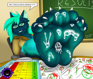 4_toes anthro barefoot big_breasts blue_body blue_skin bodily_fluids bottomwear breasts chair chat_box classroom claws clothed clothing cum cum_on_feet desk dialogue feet feet_on_desk female foot_fetish foot_focus foot_on_table foot_play furniture genital_fluids green_body green_eyes green_hair green_skin hair looking_at_viewer non-mammal_breasts school sitting smile soles solo table teacher text toe_claws toes topwear berk_rider aquatic fish shark 2020 absurd_res english_text hi_res