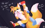 ambiguous_gender anthro balls bed blush canid canine clothing dialogue english_text floating_hands footwear fox furniture genitals gloves handwear hi_res imminent_rape imminent_sex lying male mammal miles_prower on_back on_side patreon patreon_logo penis sega senz shoes solo sonic_the_hedgehog_(series) spread_legs spreading text twitter twitter_logo url