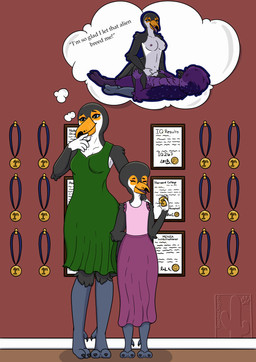 anthro duo female flashback male male/female slim species_play text thought_bubble toastiecoyote alien avian bird owl toucan absurd_res english_text hi_res