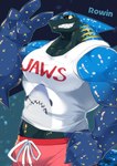 anthro blue_body blue_skin clothing gesture hand_gesture male markings muscular muscular_male shirt smile solo star_(marking) swimming_trunks swimwear tank_top teeth_showing topwear v_sign yellow_eyes sharkinn jaws_(film) universal_studios fish marine shark hi_res