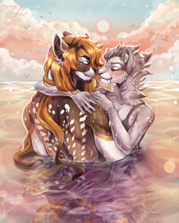 anthro blush cloud day detailed_background duo eyes_closed female hug inner_ear_fluff male male/female outside partially_submerged sky smile sun tuft water wet lisaamint felid mammal 2020 4:5 digital_media_(artwork) hi_res