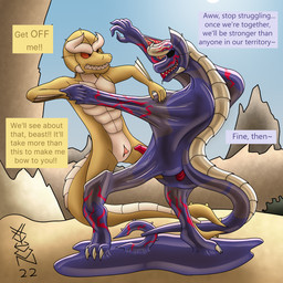 anthro clothing duo forced forced_transformation genitals goo_transformation latex latex_clothing latex_skinsuit male male/male orange_body penis purple_body red_penis skinsuit text tight_clothing transformation vonduran xyveon von_(jsdk) goo_creature 1:1 english_text hi_res