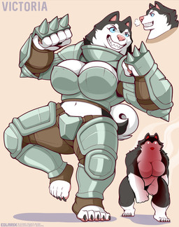 5_fingers anthro armor big_breasts blue_eyes blush breasts embarrassed featureless_breasts female fingers fist muscular muscular_anthro muscular_female plate_armor smile solo steam sudden_nudity thick_thighs colarix victoria_(colarix) canid canine canis domestic_dog husky mammal nordic_sled_dog spitz absurd_res hi_res