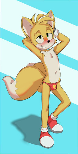 2_tails anthro arm_tuft big_tail black_nose blonde_hair blue_background bulge chest_tuft clothed clothing countershading crotch_tuft dipstick_tail elbow_tuft eyebrows facial_tuft footwear fur glistening gloves grin hair hands_behind_head handwear looking_at_viewer male male_anthro markings multi_tail multicolored_body multicolored_fur narrowed_eyes navel plantigrade pose raised_heel red_clothing red_sclera red_thong red_underwear shadow shoes shoulder_tuft simple_background smile smiling_at_viewer solo standing tail tail_markings thong tuft two_tone_body two_tone_fur underwear underwear_only white_background white_body white_clothing white_footwear white_fur white_gloves white_handwear white_inner_ear white_shoes yellow_body yellow_fur young young_anthro young_male apis_(artist) sega sonic_the_hedgehog_(series) miles_prower canid canine fox mammal 2020 hi_res