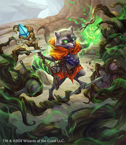 anthro barefoot blue_berry clothing cutlery digitigrade elemental_manipulation facial_markings feet fork fur glowing glowing_eyes grass green_eyes grey_body grey_fur head_markings holding_object holding_staff kitchen_utensils magic male markings mask_(marking) melee_weapon outside plant plant_manipulation red_clothing shield solo staff standing sword tail tools tree weapon whiskers o-g_osahune hasbro magic:_the_gathering wizards_of_the_coast bello_(magic:_the_gathering) mammal procyonid raccoon 2024 digital_media_(artwork) official_art