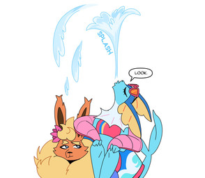 accessory aloha_shirt anthro bodily_fluids clothing duo eyes_closed eyewear female flower flower_in_hair group hair hair_accessory looking_up male pattern_clothing pattern_shirt pattern_topwear plant shirt sitting sitting_on_another sitting_on_shoulder size_difference sunglasses swimwear text topwear water odeko-yma nintendo pokemon pokemon_mystery_dungeon spike_chunsoft blitz_(odeko-yma) vivian_(odeko-yma) eeveelution flareon generation_1_pokemon pokemon_(species) vaporeon 2025 comic digital_media_(artwork) english_text hi_res