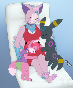 anthro bed big_breasts blue_pawpads breasts clothed clothing collar cuddling dark_body dark_fur dress family female feral fur furniture hair lying male neck_tuft on_back on_bed on_lap pawpads pink_body pink_fur plantigrade red_hair sleeping tuft young jm-luxro nintendo pokemon canid canine eeveelution espeon fox generation_2_pokemon hybrid lewxen mammal pokemon_(species) umbreon 5:6 absurd_res hi_res