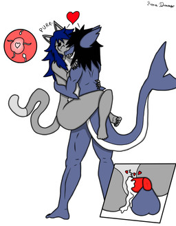 anthro black_hair blue_body blue_hair bodily_fluids cum cum_in_vagina cum_inside duo female fur genital_fluids genitals grey_body grey_fur grin hair heart_symbol holding_back holding_shoulder impregnation leg_wrap leg_wraps legs_wrapped_around_partner love male male/female midair muscular muscular_male ovum ovum_with_heart passionate penis purring sex sharp_teeth smile sperm_cell teeth vulva wraps reena_dreamer aquatic felid feline fish mammal shark absurd_res hi_res