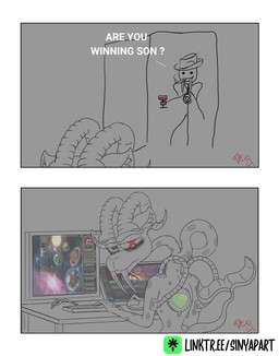 anthro computer dialogue electronics gaming male solo tired tired_eyes sinyap are_ya_winning_son? dawn_of_war_(series) mythology warhammer_(franchise) warhammer_40000 sinyap_(character) aquatic bovid caprine hybrid mammal mancubus mancubus_(doom) mythological_creature mythological_marine sea_goat absurd_res comic hi_res meme