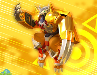 anthro arm_strap armor claw_(weapon) claws codpiece crest_of_courage digimon_crest gauntlets_(weapon) gold_(metal) gold_armor green_eyes hair headgear helmet horn horned_helmet male melee_weapon midair muscular muscular_male orange_background orange_body orange_skin pauldron red_hair schynbalds simple_background solo symbol tassets weapon white_claws albalbalb bandai_namco digimon digimon_(species) wargreymon 2026 3d_(artwork) digital_media_(artwork) hi_res watermark
