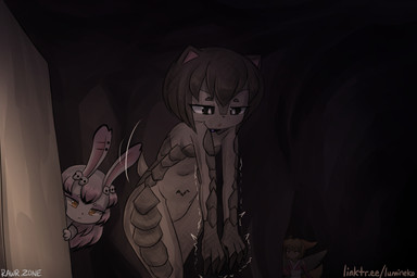 accessory anthro back_wings biped breasts brown_hair claws ear_piercing eyebrows featureless_breasts featureless_crotch female fox_ears fox_tail fur group hair hair_accessory hiding insect_wings long_hair looking_at_another looking_down mouth_closed nude open_mouth piercing red_eyes short_hair short_tail skull_accessory small_breasts tail tan_body trio walking white_body white_fur white_hair wings young young_anthro young_female lumineko ambiguous_species fairy humanoid lagomorph leporid mammal rabbit 2025 3:2