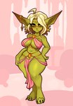 big_breasts blush breasts ear_piercing ear_ring female frown green_body green_skin hand_on_hip harem_outfit humanoid_pointy_ears looking_at_viewer not_furry piercing pointy_ears ring_piercing short_stack solo twistingtoxic goblin humanoid 2024