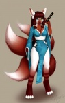 anthro asian_clothing biped clothed clothing east_asian_clothing female heterochromia japanese_clothing katana kitsucat looking_at_viewer melee_weapon multi_tail obi slit_dress solo standing sword tail weapon magpie_(artist) sakiko canid canine catsune domestic_cat felid feline felis fox hybrid mammal hi_res