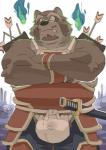 anthro asian_clothing barazoku brown_body brown_fur bulge clothing east_asian_clothing fundoshi fur japanese_clothing male melee_weapon overweight overweight_anthro overweight_male solo sword underwear weapon motogen canid canine mammal raccoon_dog tanuki 2014