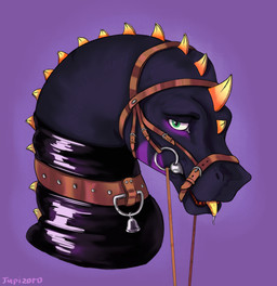 bdsm bell bell_collar belt black_body bondage bound collar feral gag halter harness_gag latex leash leashed_collar male markings muzzle_(object) petplay ponyplay reins roleplay solo tongue yellow_spikes yellow_tongue jupizoro mythology dragon mythological_creature mythological_scalie scalie absurd_res hi_res portrait