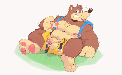 anthro backpack balls belly belt blep bodily_fluids bottomwear brown_body brown_fur clothed clothing dripping feet flaccid fur genital_fluids genitals male moobs nervous nipples open_belt overweight overweight_anthro overweight_male partially_clothed pawpads paws penis precum precum_drip shorts shorts_only solo tongue tongue_out topless borkbawbaw banjo-kazooie rareware banjo_(banjo-kazooie) bear mammal 2020 absurd_res hi_res