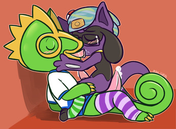 alternate_color beanie blush bodily_fluids bottomless clothed clothing duo erection eyes_closed eyewear french_kissing genital_fluids genitals glasses hat headgear headwear kissing legwear male male/male mostly_nude open_mouth penis precum reclining semi-anthro shirt side_view sitting straddling t-shirt topwear felino nintendo pokemon fan_character flow_the_riolu lee_the_kec generation_3_pokemon generation_4_pokemon kecleon pokemon_(species) riolu 2016 flat_colors hi_res signature