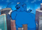 anthro awoogasm belly big_(disambiguation) big_belly blue_body building butt canid canine canis cheek_tuft city cracked_windows digital_media_(artwork) english_text facial_tuft fur hair hi_res huge_belly hyper hyper_belly macro male mammal onomatopoeia outside overweight property_damage solo sound_effects stuck text tuft vox_(awoogasm) wolf