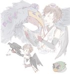 anthro beak black_body black_feathers brown_hair clothing duo feathers feral hair hat headgear headwear male mask onmyouji text wings ybhk77 bandai_namco digimon digimon_survive falcomon_(survive) minoru_hyuga avian bird digimon_(species) falcomon human mammal yatagaramon hi_res translated