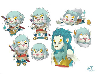 5_fingers anthro biped blonde_eyebrows blue_mane bodily_fluids brown_nose clothed clothing duo eyebrows eyes_closed fingers footwear fur katana male mane melee_weapon one_eye_closed pink_nose sandals shoes simple_background sword tears weapon white_background white_body white_fur year young young_anthro coniyasama level-5 yo-kai_watch lie-in_(yo-kai_watch) lie-in_heart felid lion mammal pantherine 2015 4:3 hi_res multiple_images