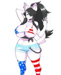 5_fingers american_flag american_flag_bikini anthro big_breasts bikini bikini_top black_hair blue_eyes blush blush_stickers bottomwear breasts chain clothed clothing collar curvy_figure ear_piercing ear_ring female fingers flag flag_bikini flag_clothing flag_print flag_swimwear hair hair_over_eye hand_behind_head huge_breasts inner_ear_fluff legwear long_hair looking_at_viewer one_eye_obstructed pattern_clothing pattern_legwear piercing print_bikini print_clothing print_swimwear ring ring_piercing shorts simple_background solo spiked_collar spikes standing striped_clothing striped_legwear stripes swimwear thick_thighs tuft two-piece_swimsuit united_states_of_america voluptuous white_background wide_hips theycallhimcake maggie_applebee canid canine canis domestic_dog mammal 2020 absurd_res hi_res portrait three-quarter_portrait