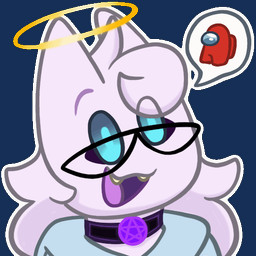 ambiguous_gender blue_clothing blue_eyes choker clothed clothing emote eyebrows eyelashes eyewear fangs glasses glowing_pupils hair halo horn jewelry long_hair necklace not_furry occult_symbol open_mouth pentacle purple_mouth purple_tongue simple_background smile solo speech_bubble symbol teeth tongue transparent_background yapping yellow_teeth demon_ascended ambient_among_us among_us innersloth dez_trully_(demon_ascended) red_(among_us) angel_demon demgel demon humanoid hybrid 1:1 2_frame_animation alpha_channel animated colored digital_media_(artwork) low_res shaded nonbinary_(lore)