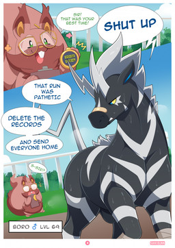 ambiguous_gender angry animal_genitalia anthro belly brown_body brown_fur dialogue duo feral fully_sheathed fur genitals male overweight sheath tail text nikkibunn nintendo pokemon boro_the_zebstrika equid equine generation_5_pokemon generation_8_pokemon greedent mammal pokemon_(species) rodent sciurid zebstrika comic digital_media_(artwork) english_text hi_res