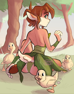 4_fingers anthro bracelet butt clothed clothing female feral fingers flower forest grass green_eyes group hair jewelry lake leaf leaf_clothing lying_on_ground on_ground panties plant rear_view short_hair skimpy smile solo tree underwear selinaeagle activision spyro_the_dragon elora anatid anseriform avian bird duck faun faun_(spyro) 2023 digital_drawing_(artwork) digital_media_(artwork) signature sketch